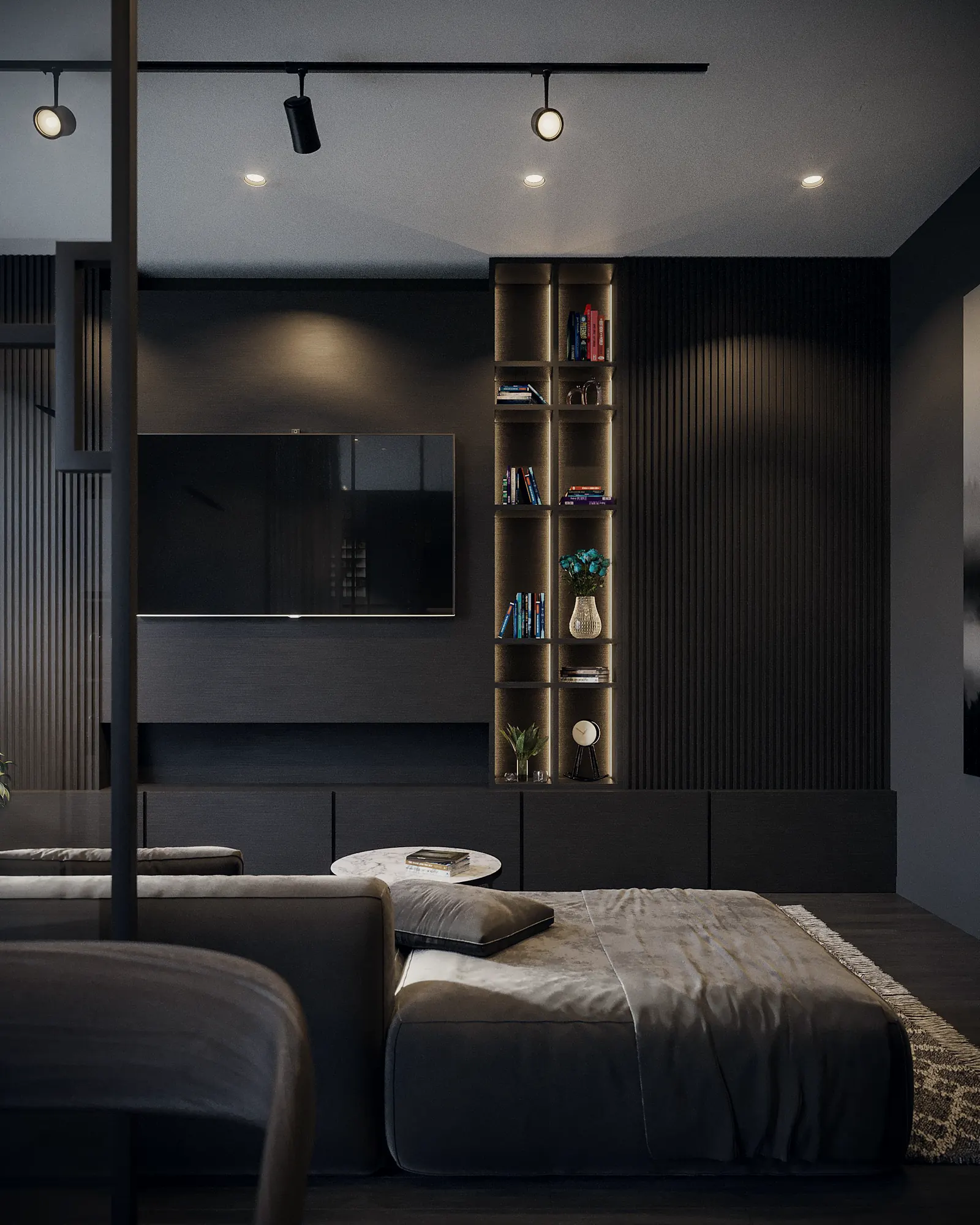 Casa Noctua: dormitorio en tonos grafito con luz indirecta en las estanterías.